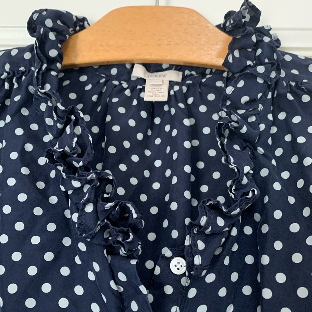 ❤️J Crew Silk Ruffle Neck Blouse Polka Dot Top 6